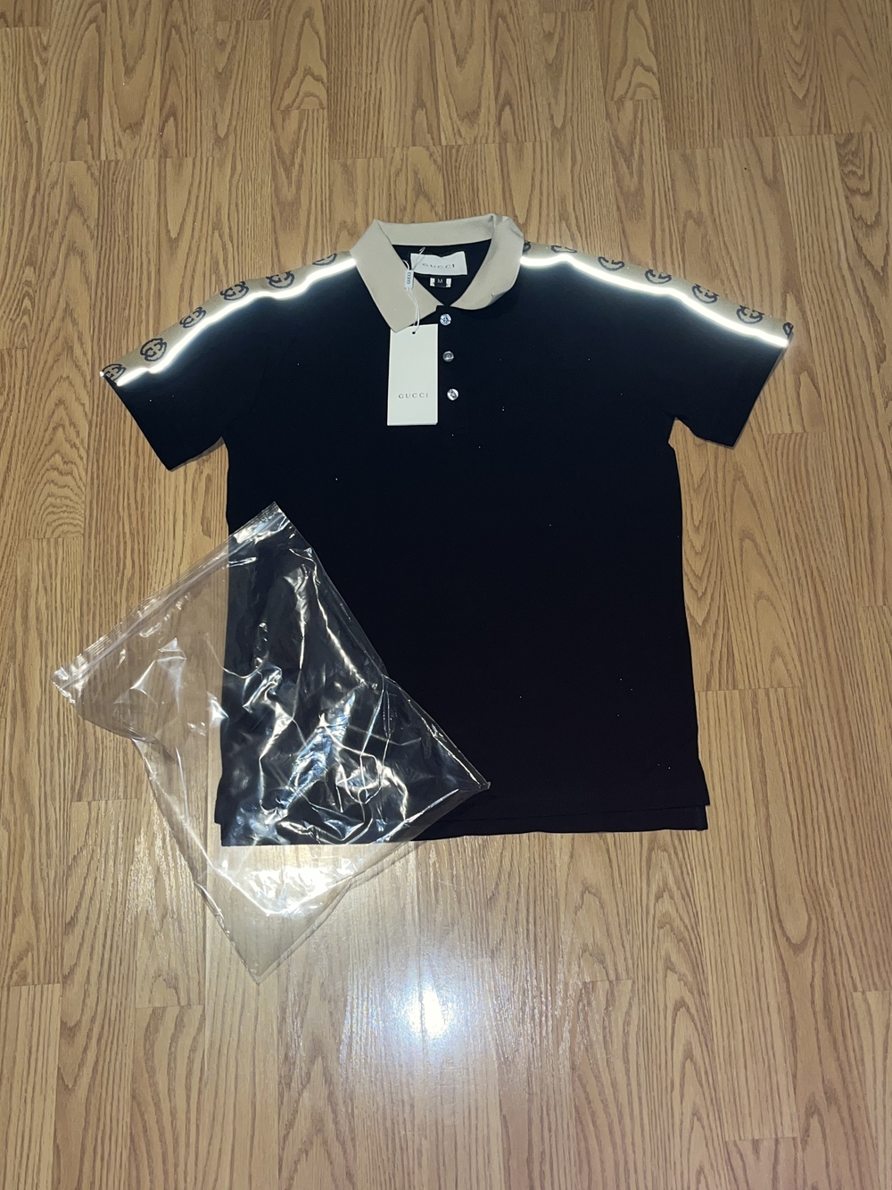 Gucci Men's Black Polo with Contrast Collar Light Reflective